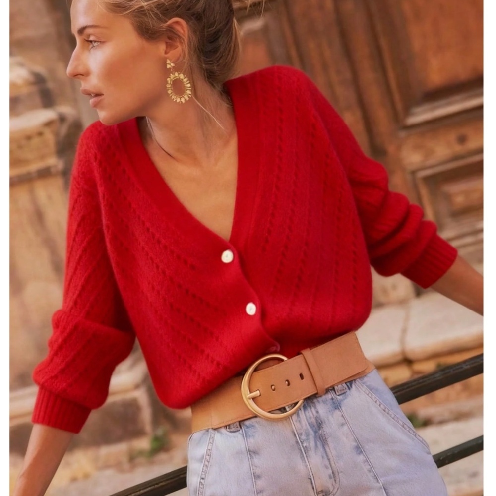 V-Cut Buttoned Down Red Knit Cardigan Textured, Long Sleeve